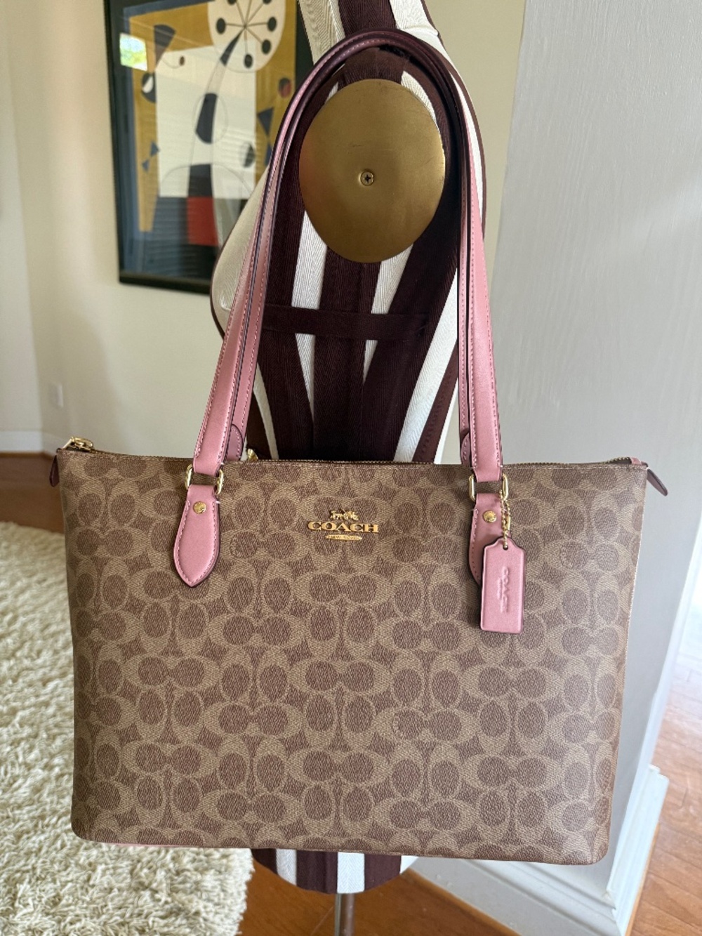 Coach Gallery Tote Khaki Pink Signature Canvas Leather Bag NEW - Picture 1 of 13